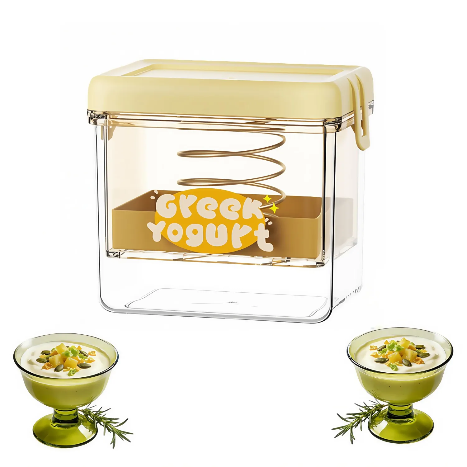 Greek Yogurt Strainer with Spring, Yogurt Strainer 1.1 Quart BPA-Free Yogurt Maker, Non-Electric Yogurt Filter for Separating Whey, Creamy Cheese-Like Thick Yogurt, Easy to Clean(Yellow Square)