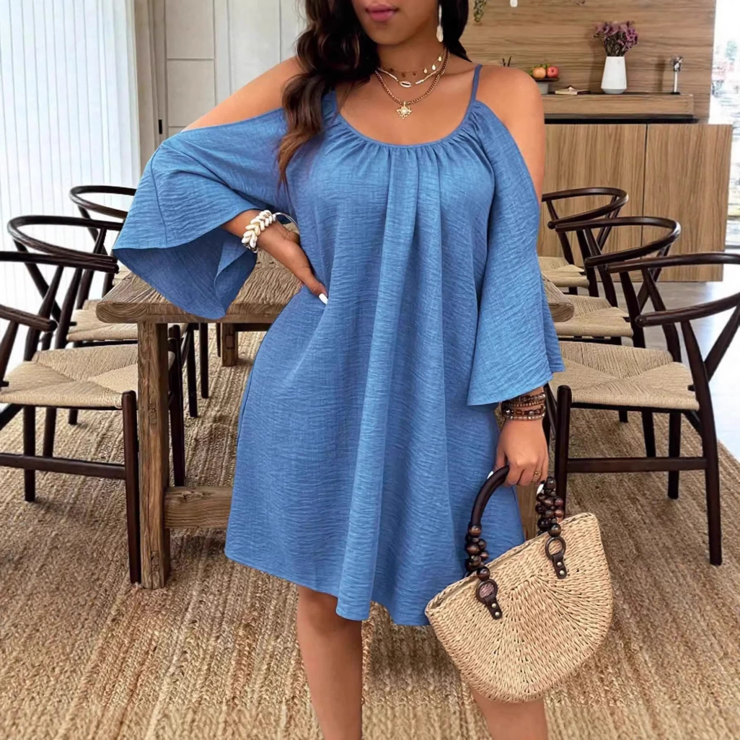 Ruched Off-Shoulder And Backless Design Womens Fashionable Plus-Size Dress