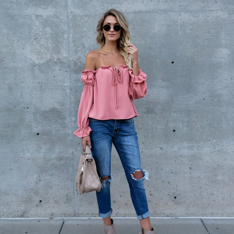 Casual Off-Shoulder Chiffon Solid Color Womens Top
