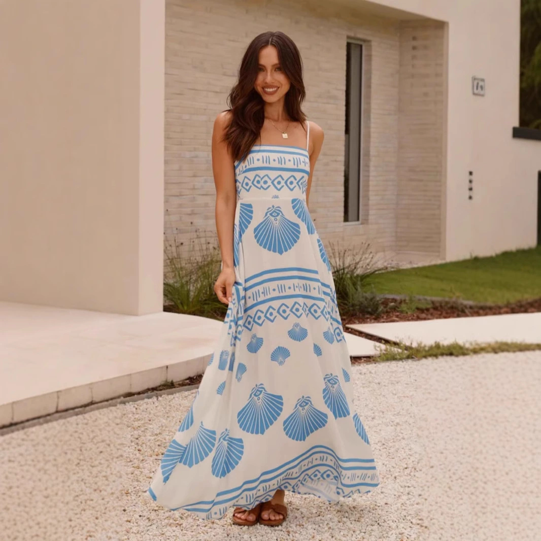 Shell-printed French-style High-waisted Full-skirted Slip Dress