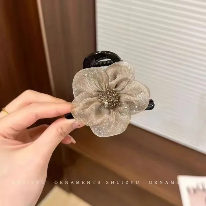 Rhinestone flower grab clip-white-mesh-1 piece