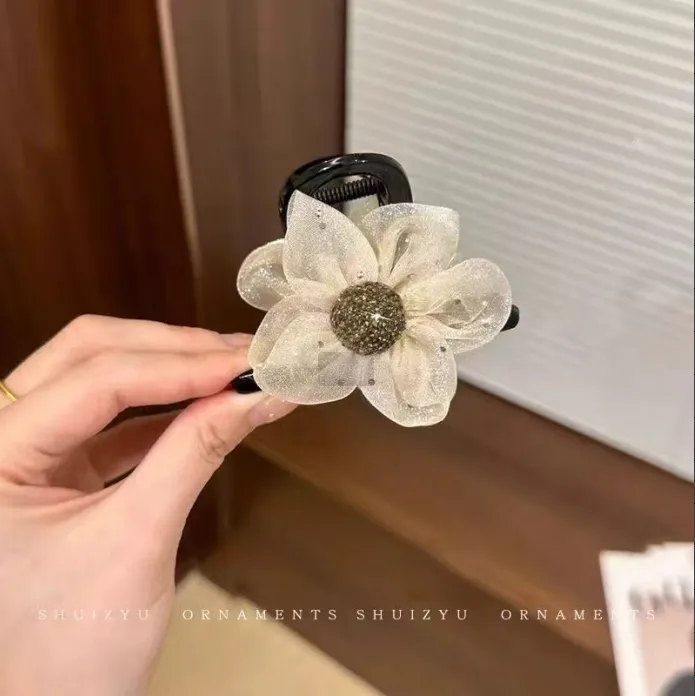 Rhinestone flower grab clip-white-mesh-1 piece