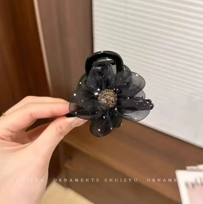 Rhinestone flower grab clip-white-mesh-1 piece