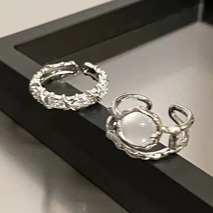 White Moonstone Couple Rings For Men & Women, Niche Zircon Inlaid French Style Adjustable Open Index Finger Jewelry