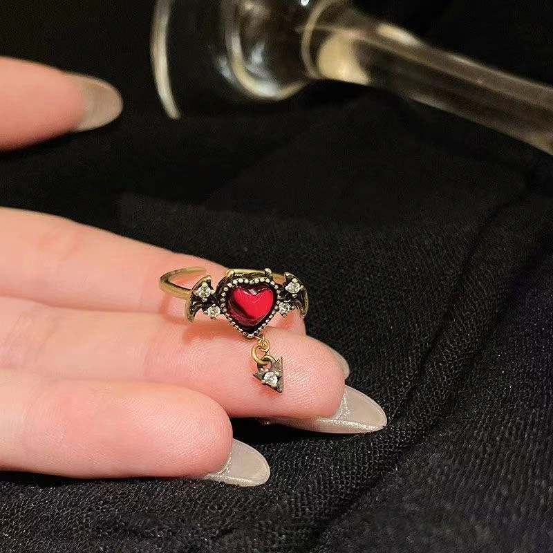 Gothic Devil Heart Ring, Vintage Gold Bat Wing Red Gemstone Open Band, Dark Romantic Statement Ring For Women