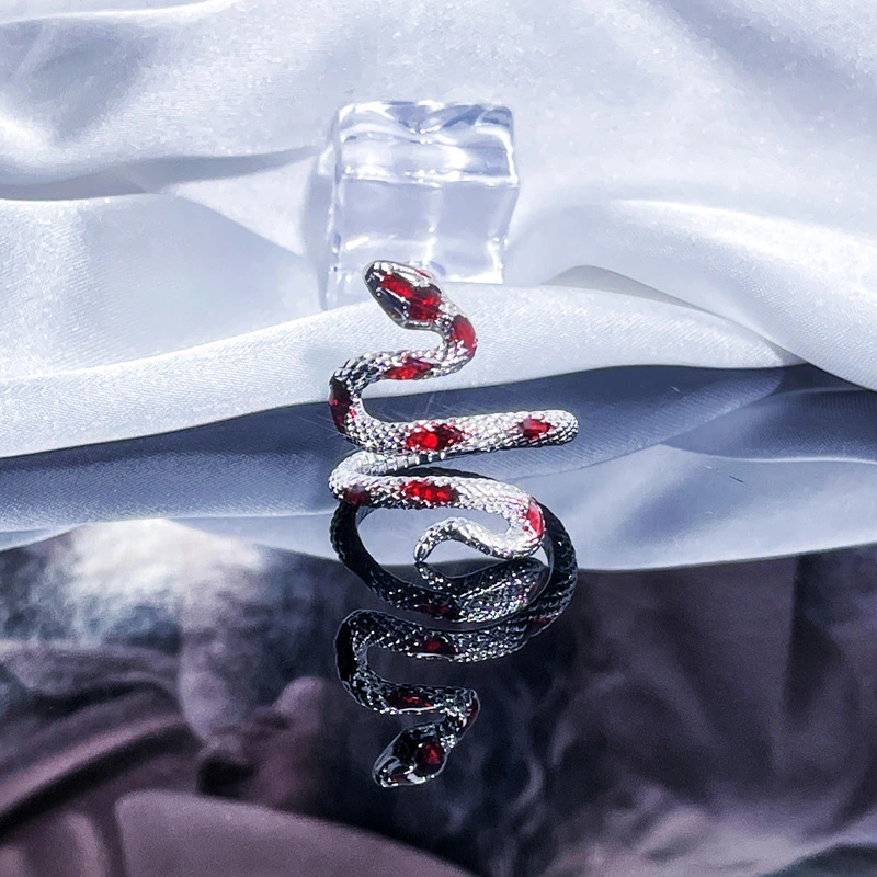Vintage Silver Snake Ring With Red Zircon, Gothic Adjustable Coiled Serpent Statement Ring For Women