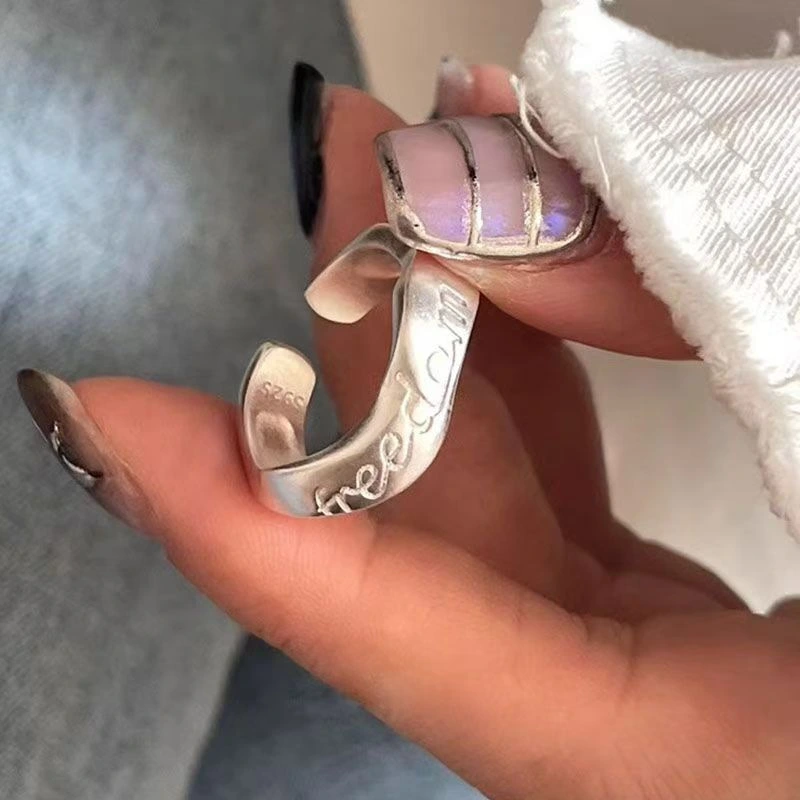 Vintage Freedom Letter Open Ring, Antique Metal Adjustable Band, Minimalist Cool Style Statement Ring For Women