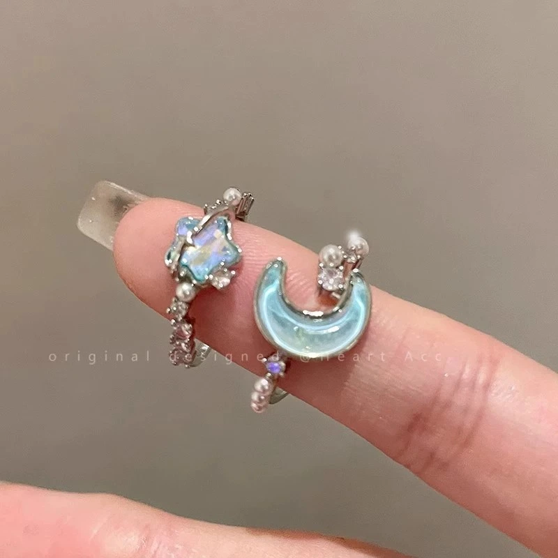 Glacier Blue Star Moon Open Ring For Women, Light Luxury Minimalist High Grade Index Finger Ring