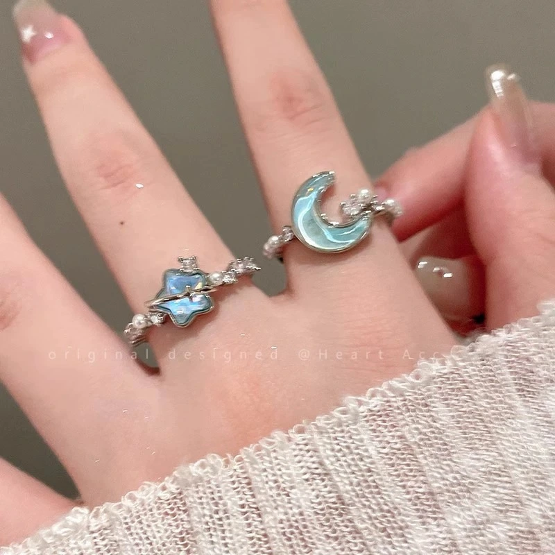 Glacier Blue Star Moon Open Ring For Women, Light Luxury Minimalist High Grade Index Finger Ring