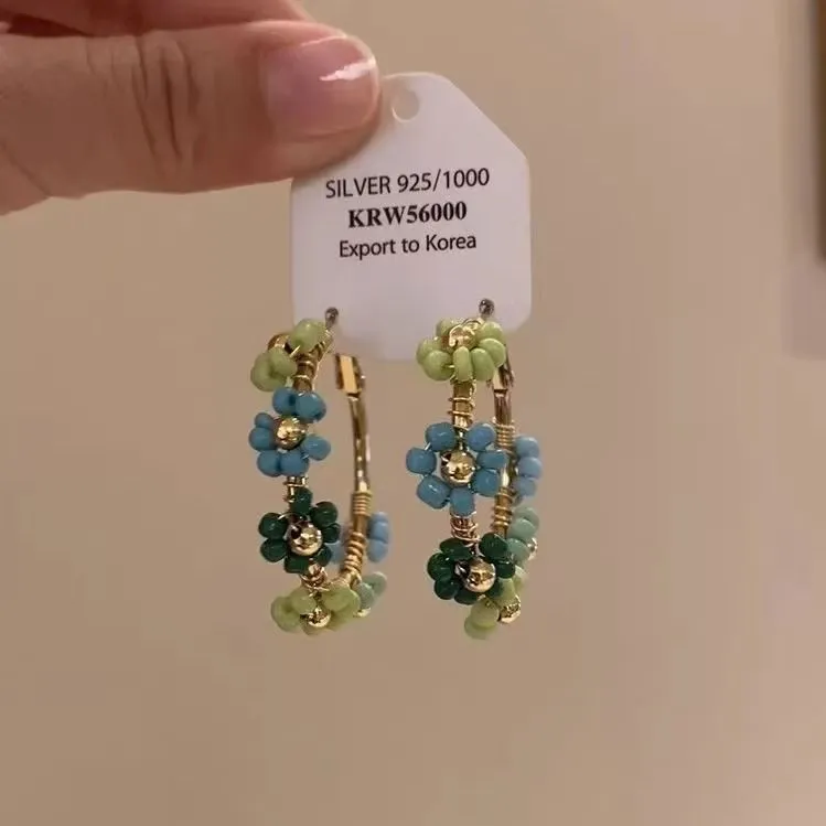1 Pair Summer Blue Floral Wreath Hoop Earrings For Women, Unique Design Fashion Stylish Versatile Exquisite Luxury High-end Ear Jewelry