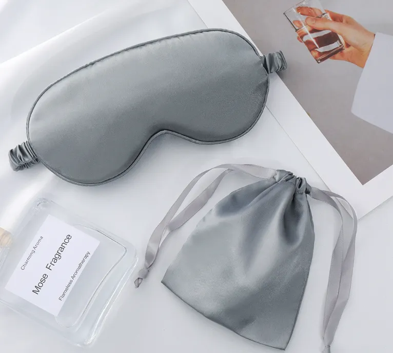 Imitation silk eye mask set-eye mask + bundle pocket-gray-imitation silk-1 set