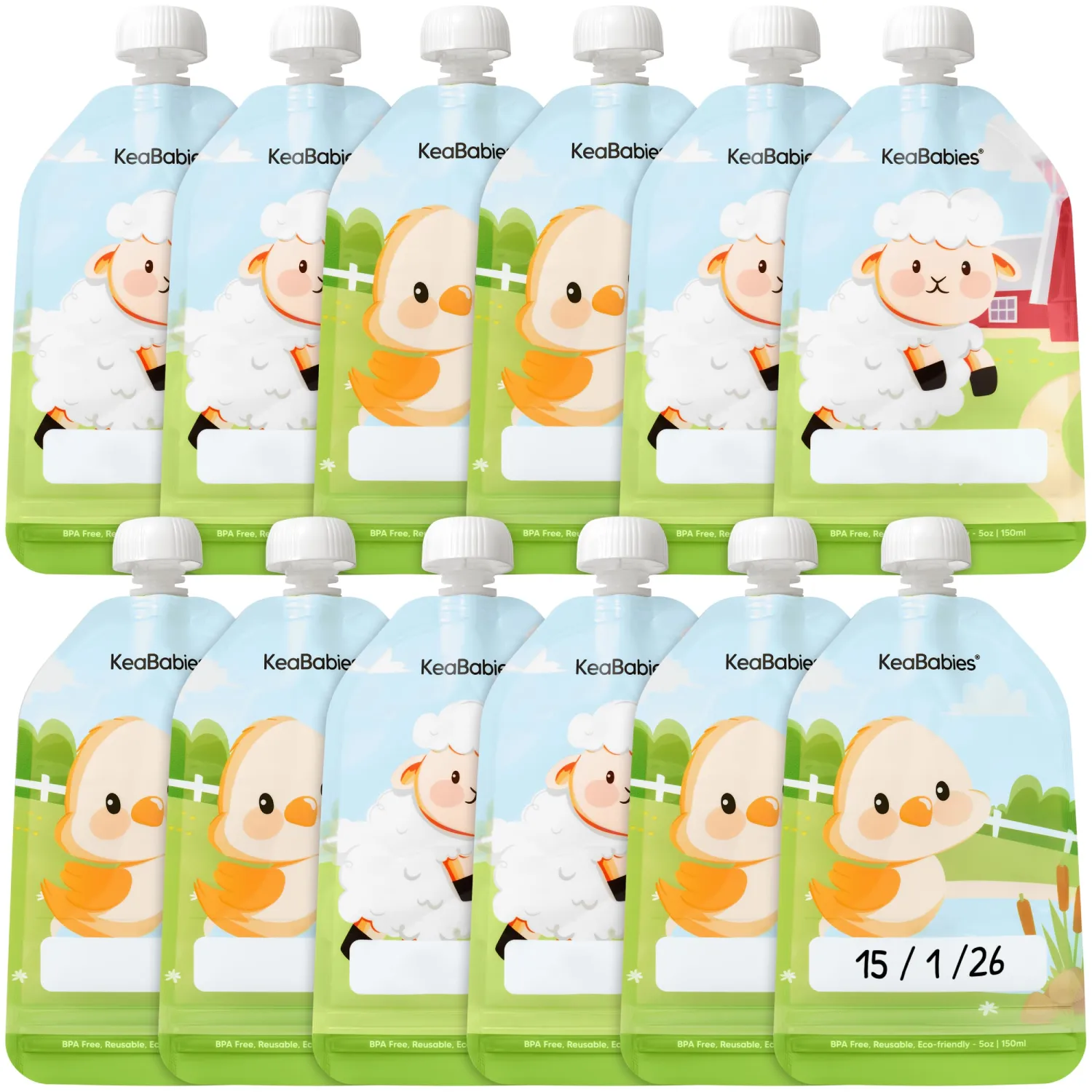 12-Pack Reusable Baby Food Pouches Refillable – 5oz Reusable Pouches for Toddlers, Kids Squeezable Yogurt, Apple Sauce, Fruit Smoothie, Baby Puree Container, Homemade Baby Food Essentials (Lil Barn)