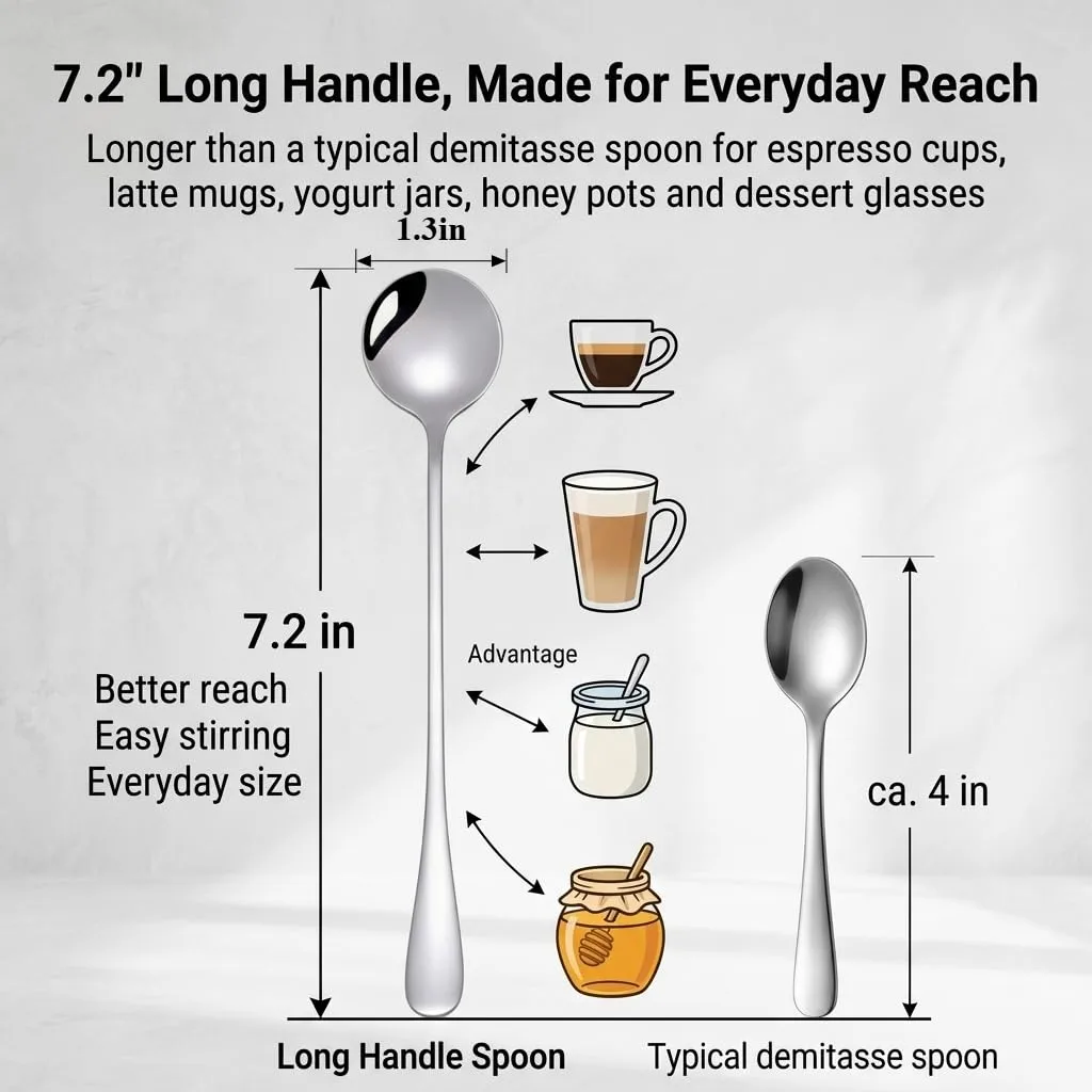 7.2-Inch Long Handle Coffee Spoons Set of 4, Stainless Steel Espresso Spoons & Stirring Spoons for Coffee Bar, Silver Metal Demitasse Spoons for Tall Latte Mugs, Iced Tea, Yogurt & Dessert