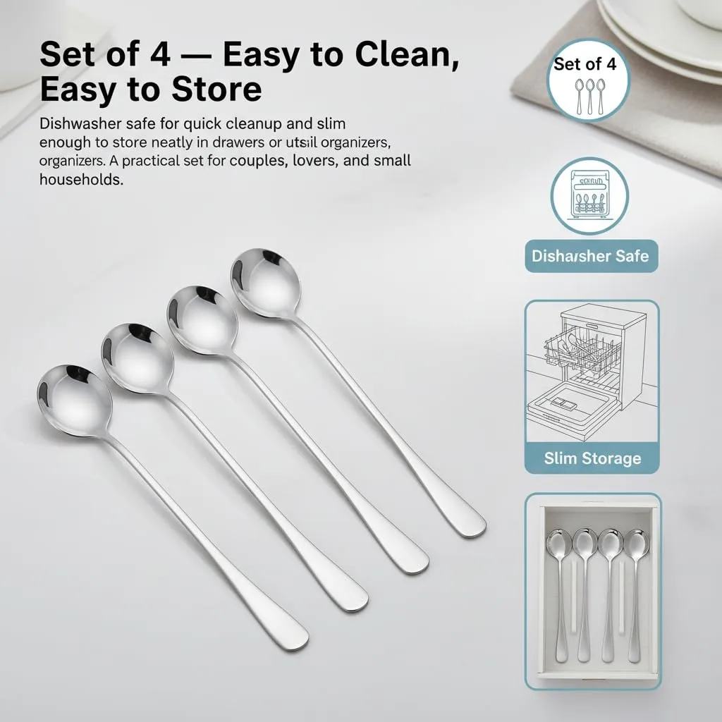 7.2-Inch Long Handle Coffee Spoons Set of 4, Stainless Steel Espresso Spoons & Stirring Spoons for Coffee Bar, Silver Metal Demitasse Spoons for Tall Latte Mugs, Iced Tea, Yogurt & Dessert