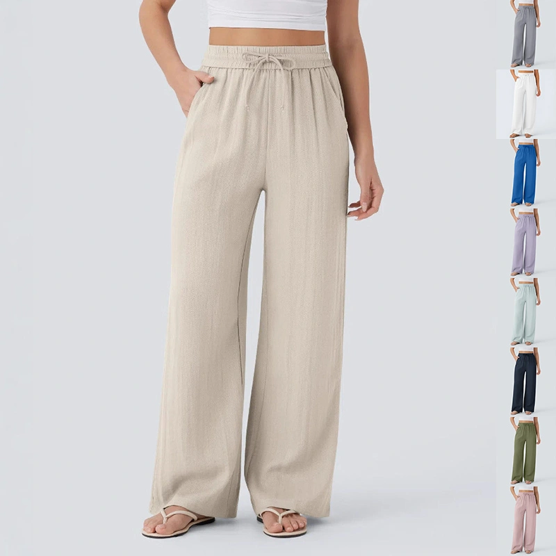 Solid Color Wide Leg Pants With Pockets Fashion Loose Drawstring Trousers Casual Women's Clothing