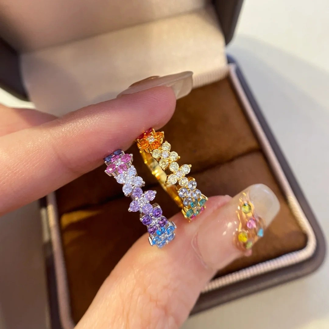 Vintage Dopamine Ring   Trendy Light Luxury Colorful Diamond Studded Floral Monet Garden Band Ring