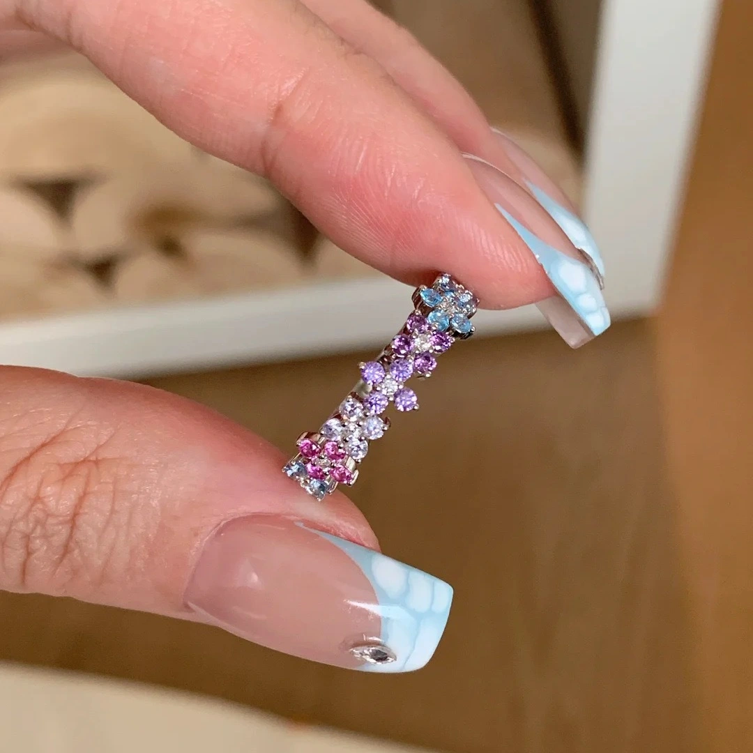 Vintage Dopamine Ring   Trendy Light Luxury Colorful Diamond Studded Floral Monet Garden Band Ring