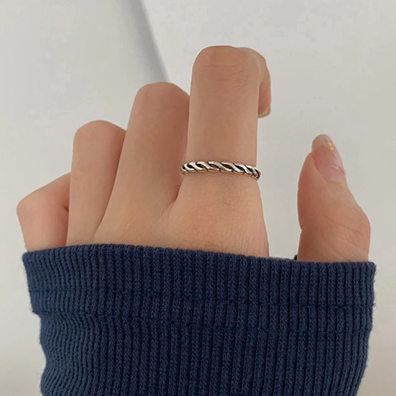 Minimalist 925 Silver Twisted Chain Open Ring, Vintage Adjustable Cuff Band, Korean Fashion Jewelry For Women