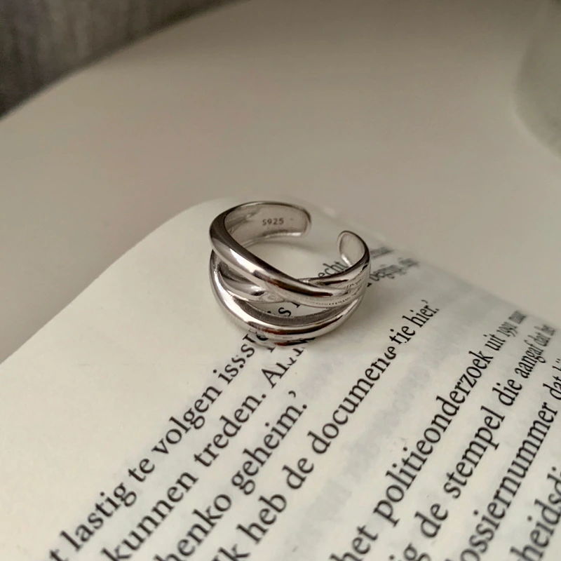 925 Silver Vintage Twisted Chain Open Ring, Adjustable Minimalist Statement Ring For Women, Fashion Jewelry