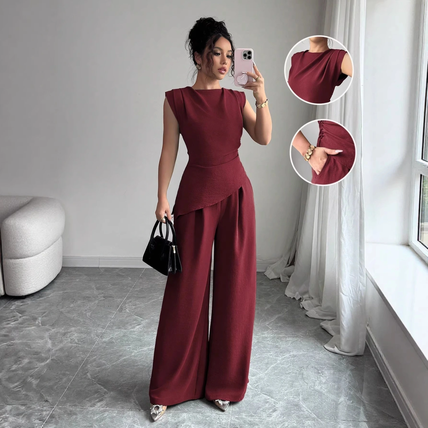 Irregular Hem Top And Wide-leg Pants Two-piece Set