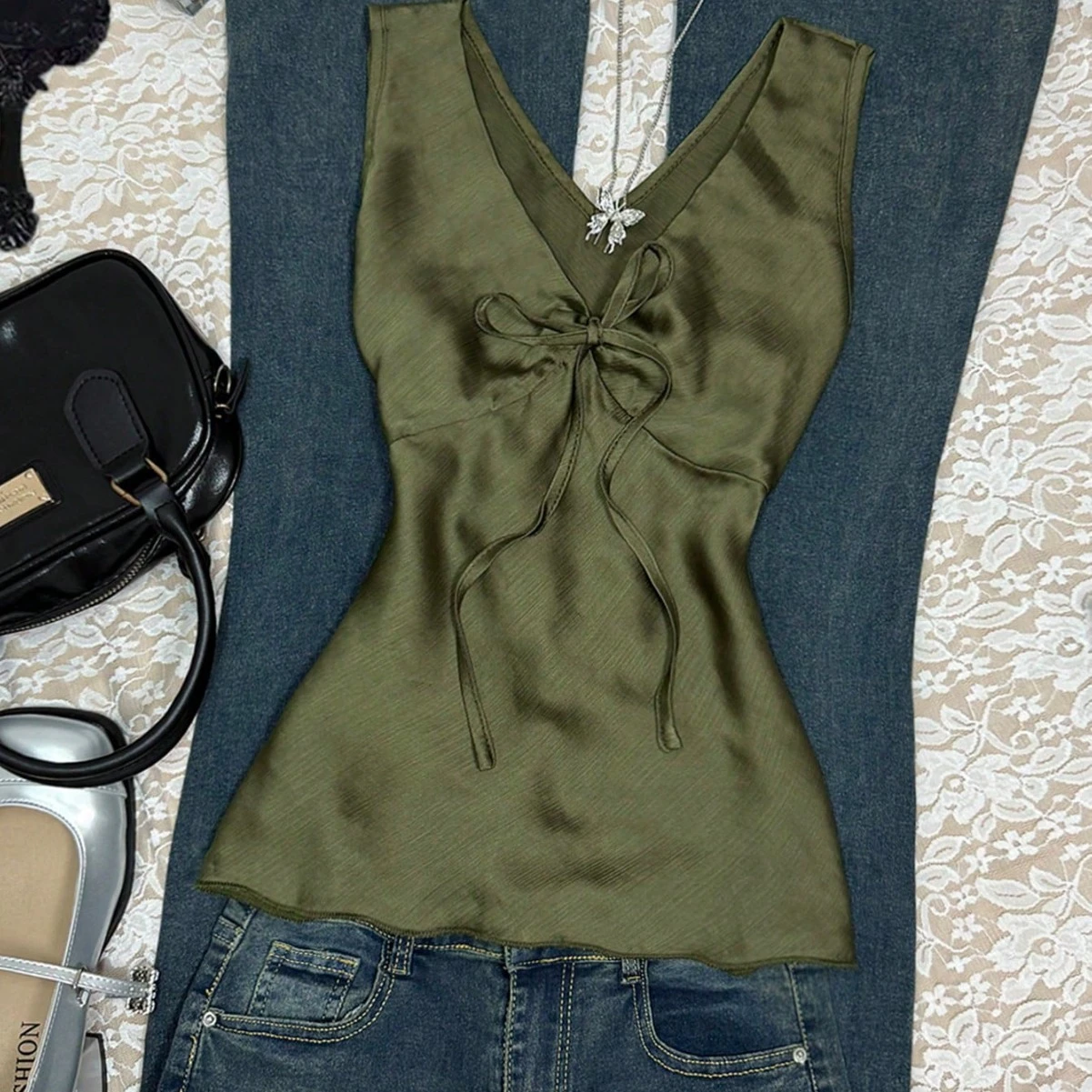 V-neck Lace-up Bow Tie Fresh-style Top