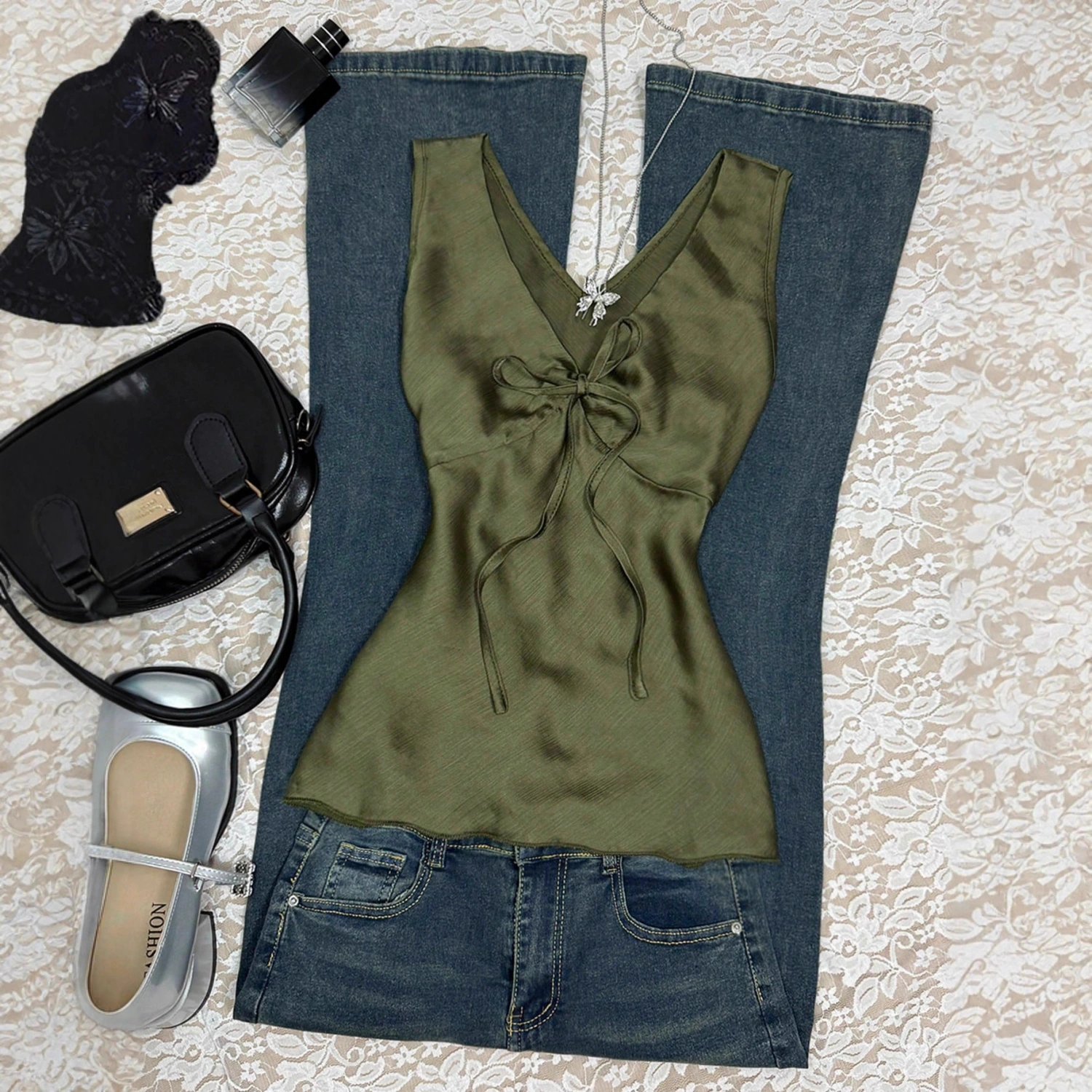 V-neck Lace-up Bow Tie Fresh-style Top