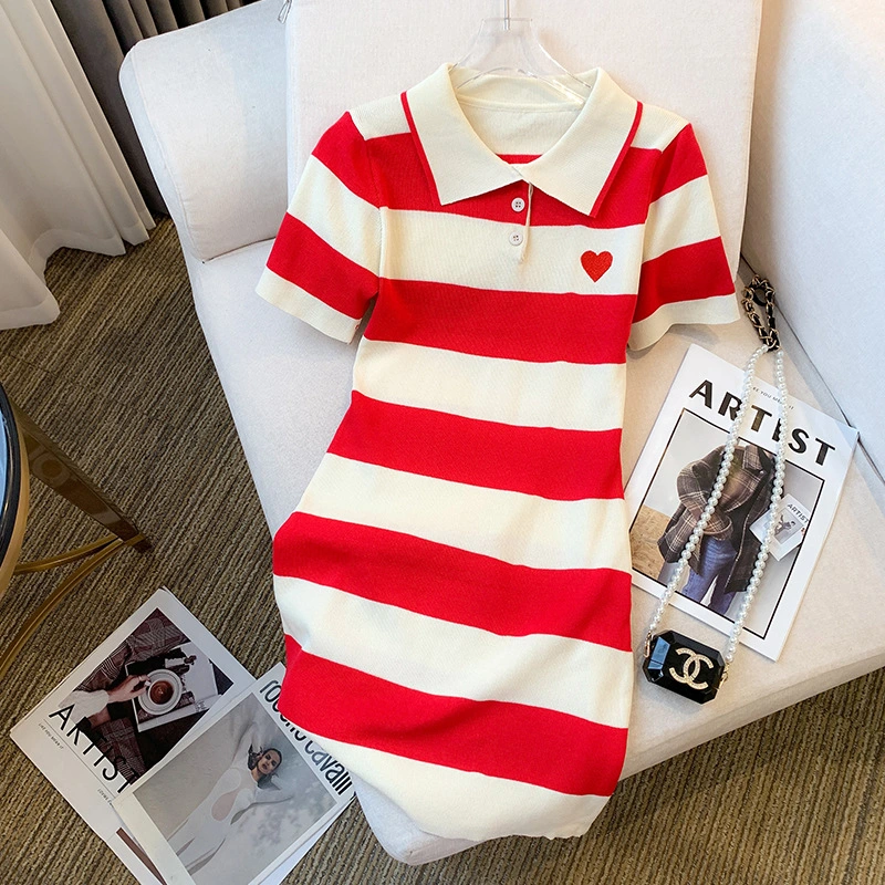 Polo-neck Striped Dress For Women