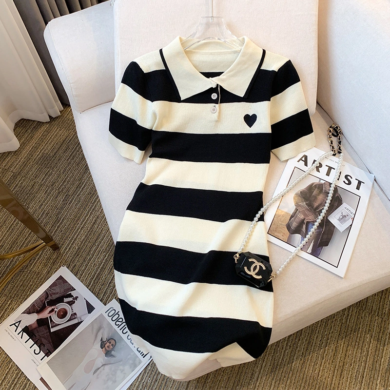 Polo-neck Striped Dress For Women