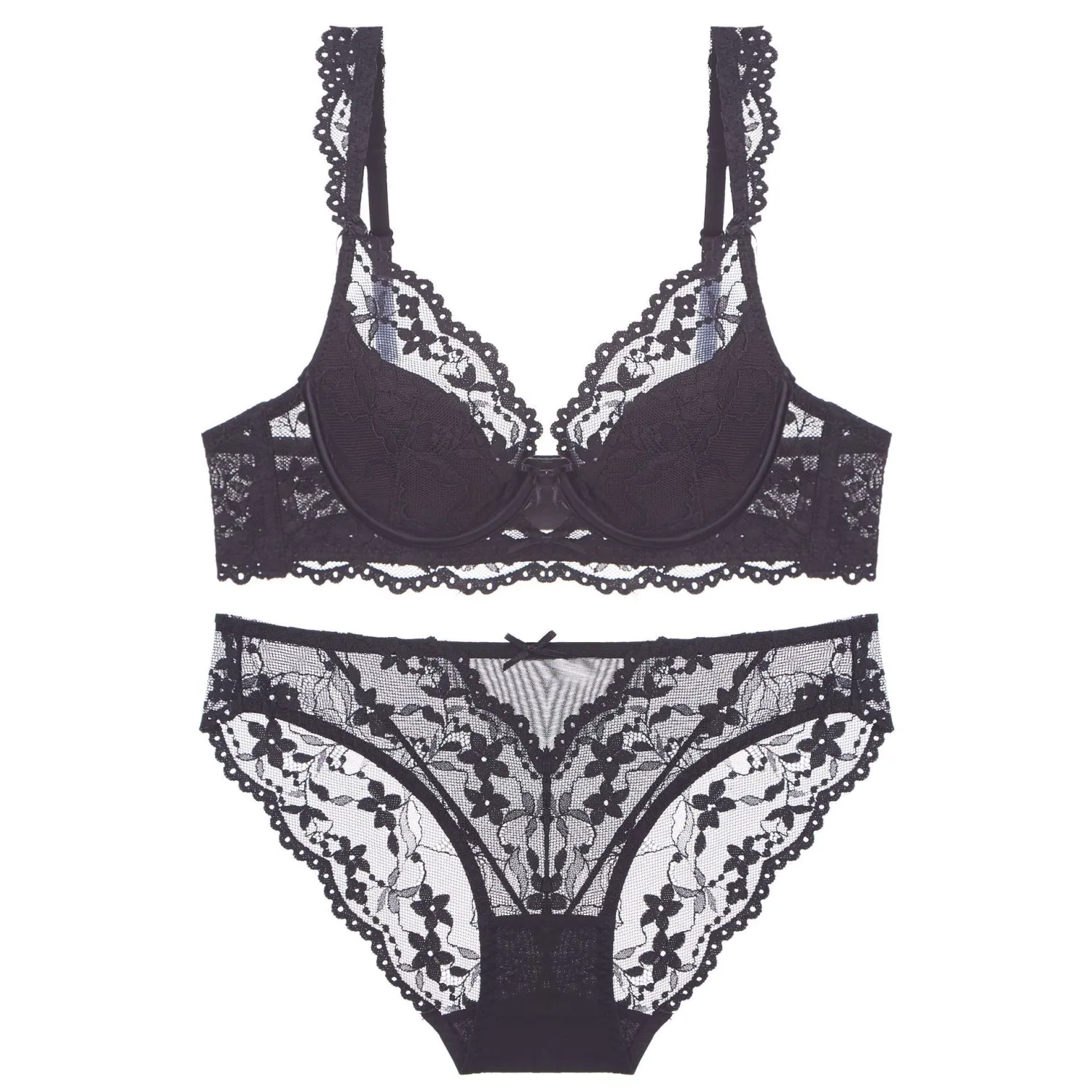 Lace Push Up Bra Set - Thin Soft Cup Bust Enhancing Bra With Spillover Control And Gathering Design