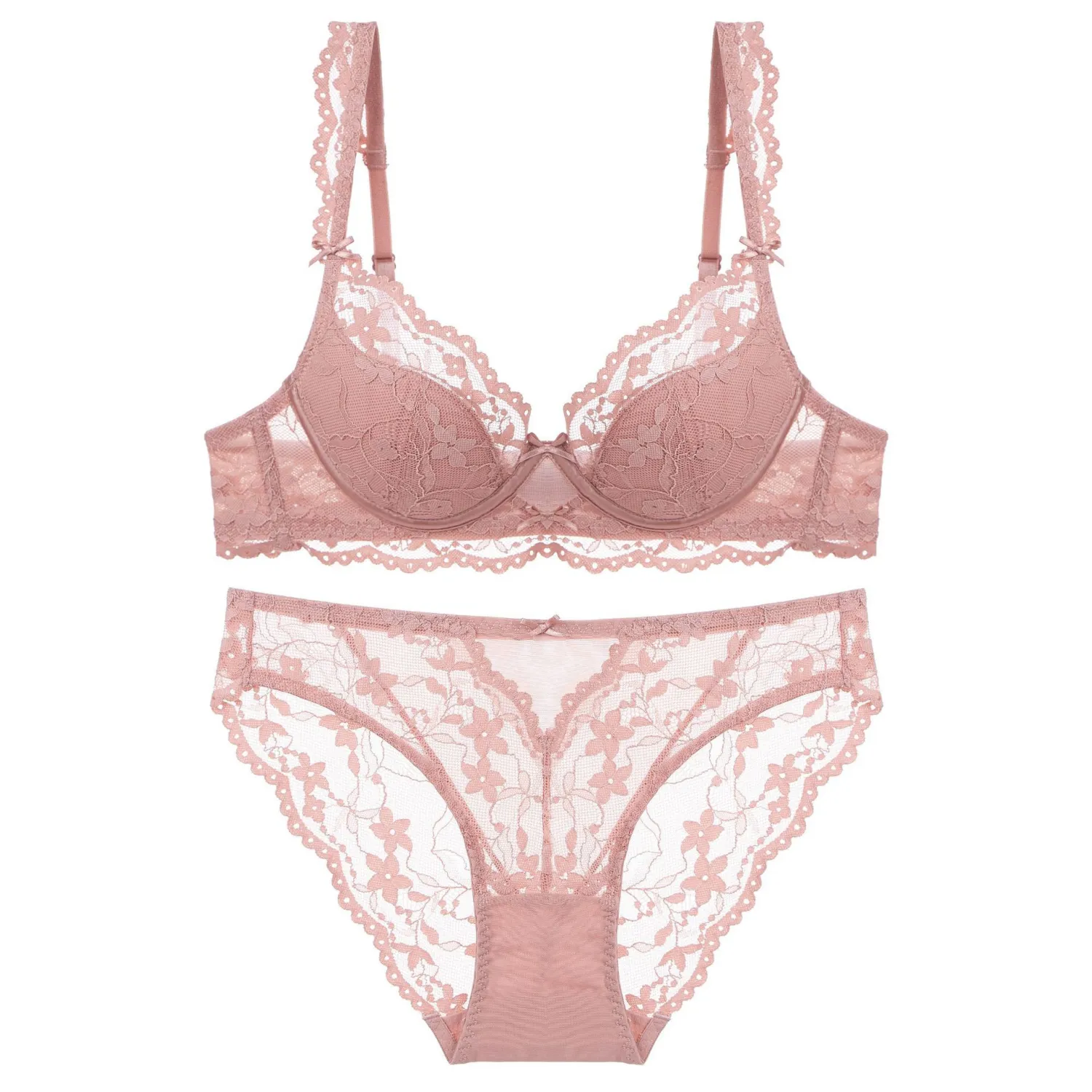 Lace Push Up Bra Set - Thin Soft Cup Bust Enhancing Bra With Spillover Control And Gathering Design