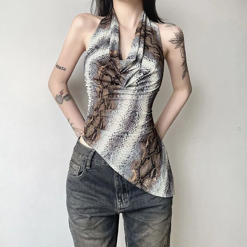 Personalized Snake Print Halterneck Irregular Top