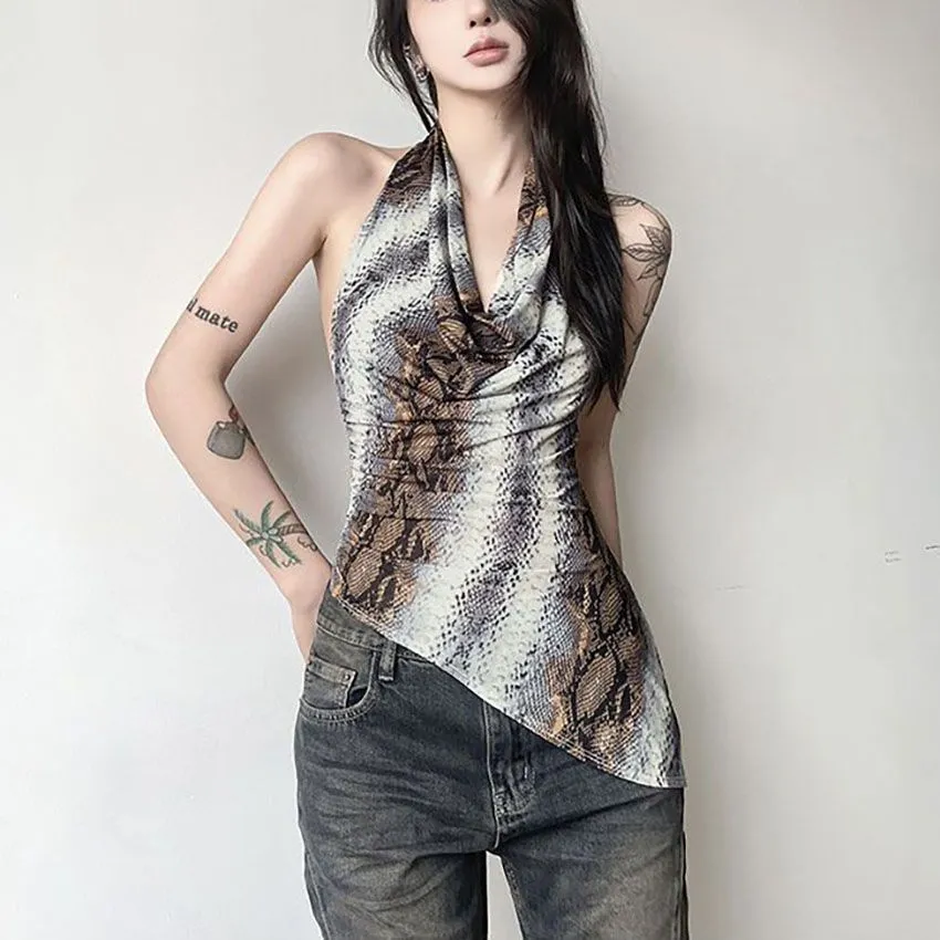 Personalized Snake Print Halterneck Irregular Top