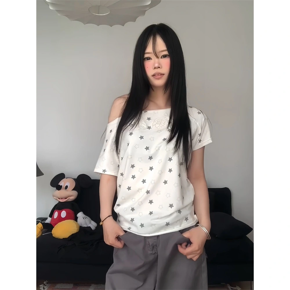 Retro Wing Embroidery Full-Print Star Loose Top For Women