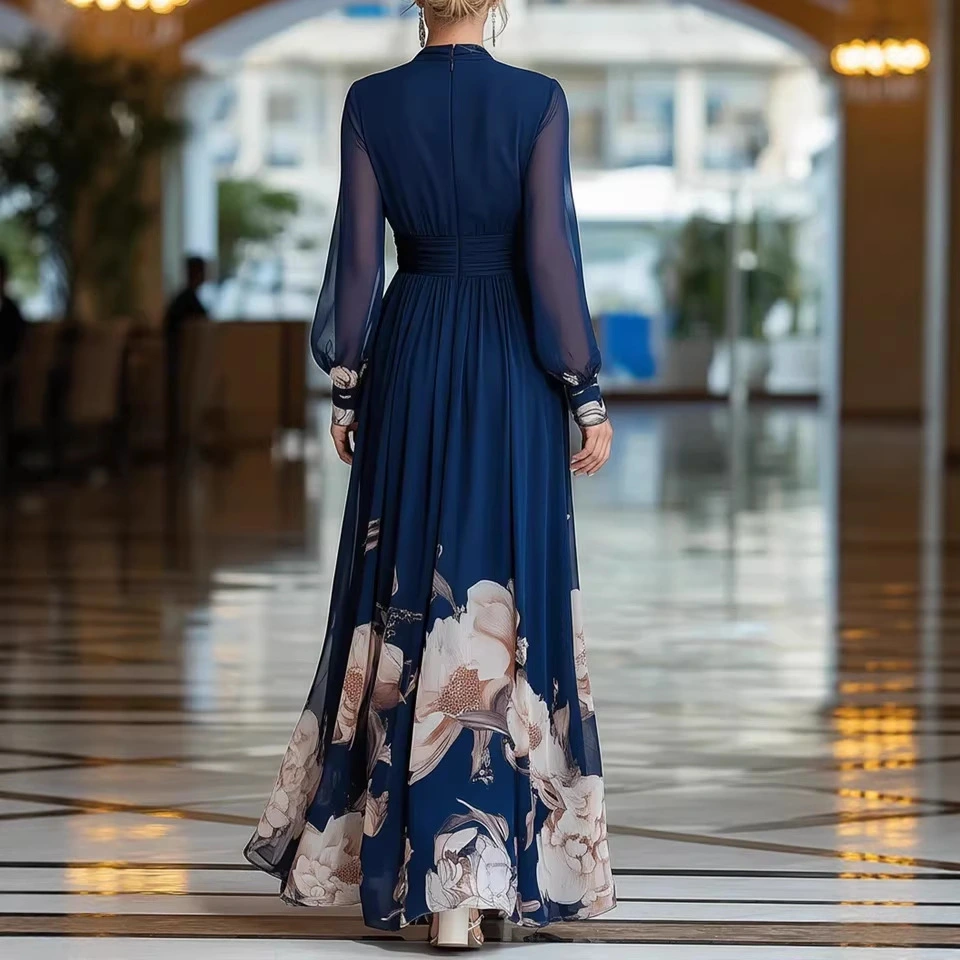 Long Mesh-Panel French-style Slim-fit Dress