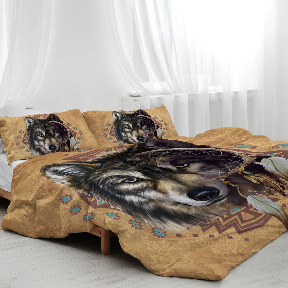 Wolves Bedding Set, Dream Catcher & Animal Pattern On Brown Bedding, Western Boho Tribal Duvet Cover Soft Microfiber Down Quilt 3 Pieces