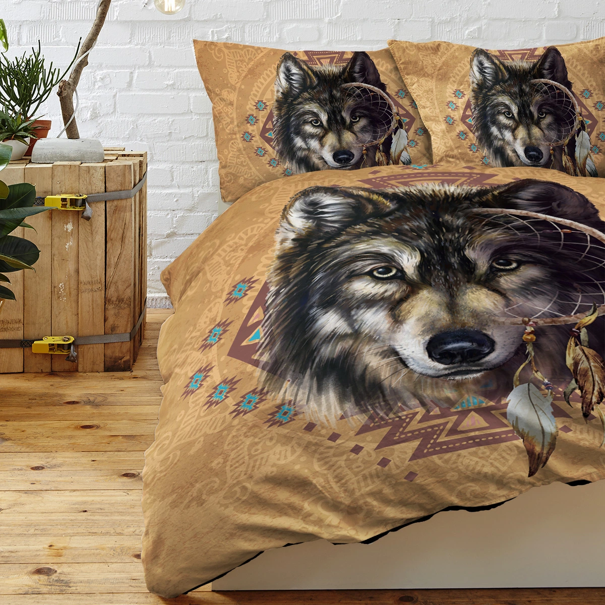 Wolves Bedding Set, Dream Catcher & Animal Pattern On Brown Bedding, Western Boho Tribal Duvet Cover Soft Microfiber Down Quilt 3 Pieces