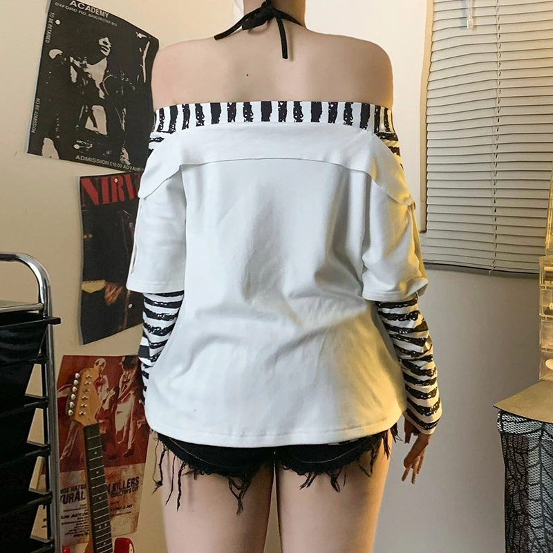 Millennial Y2K Style Striped Contrasting Color Off-Shoulder Printed Top For Women