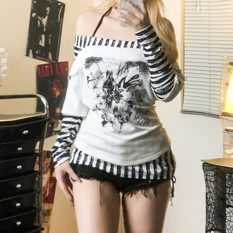 Millennial Y2K Style Striped Contrasting Color Off-Shoulder Printed Top For Women