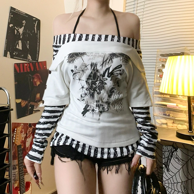 Millennial Y2K Style Striped Contrasting Color Off-Shoulder Printed Top For Women