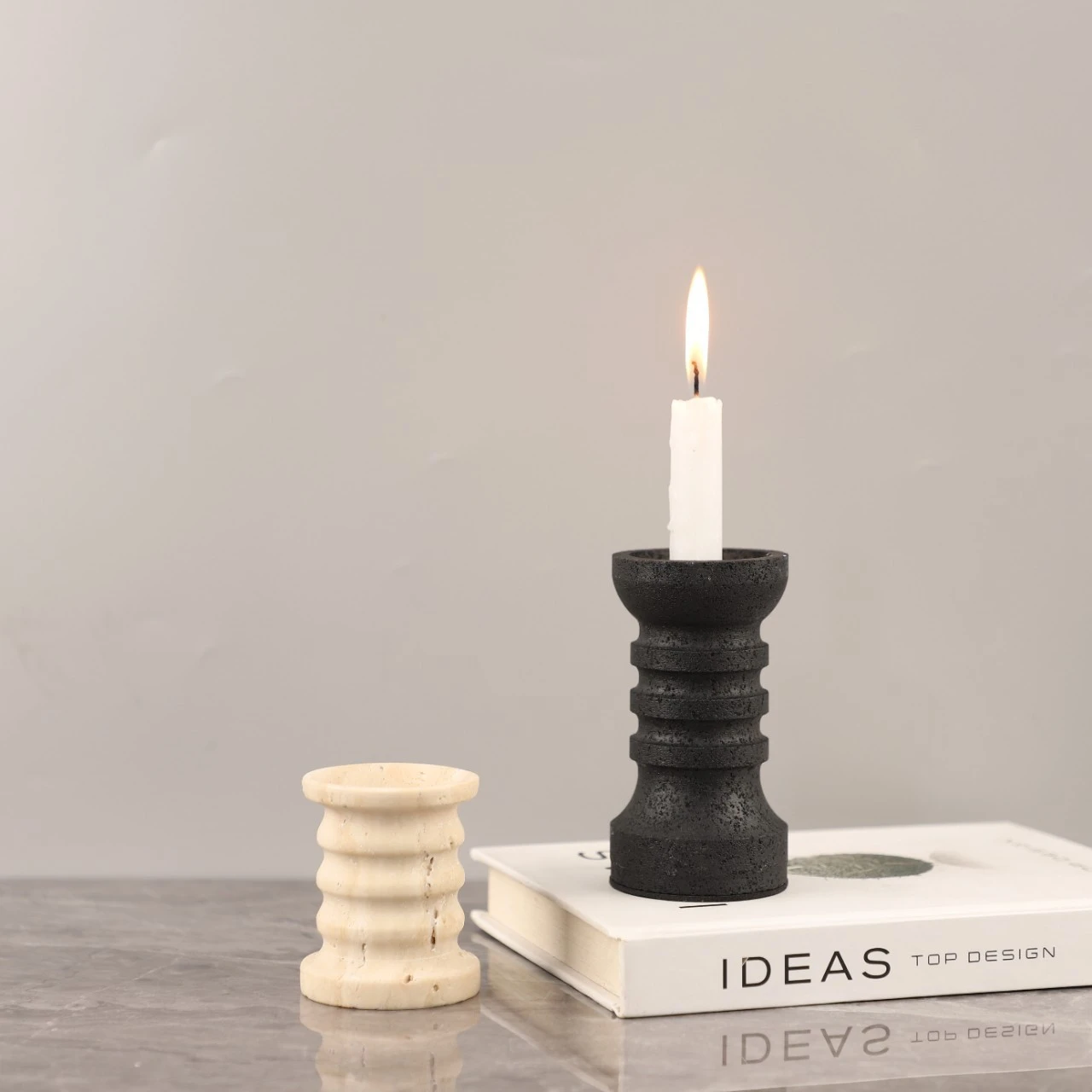Modern Minimalist Wabi-Sabi Style Natural Limestone Round Candle Holder Table Decor