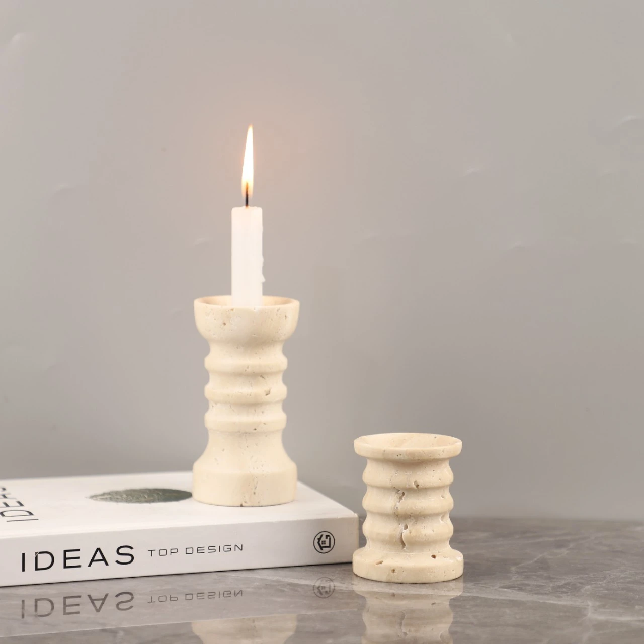 Modern Minimalist Wabi-Sabi Style Natural Limestone Round Candle Holder Table Decor