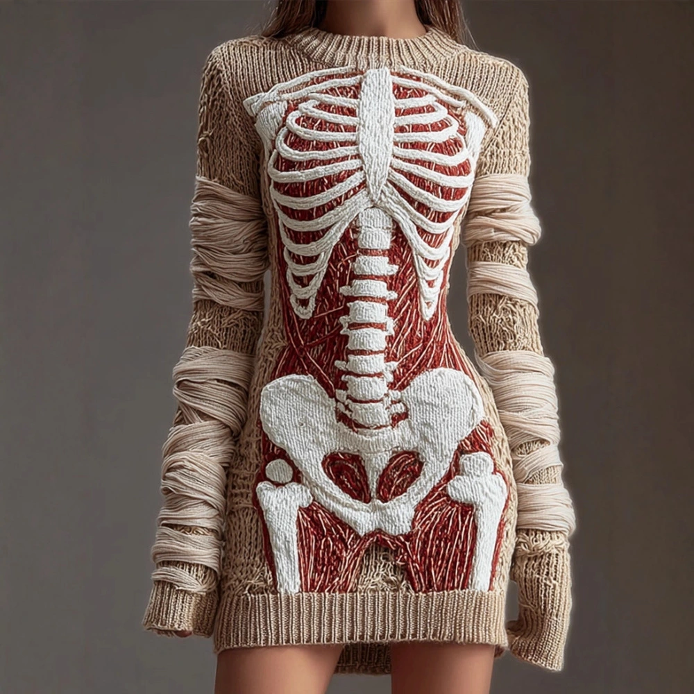 Halloween Street-style 3D Digital-print Skeleton Bodycon Skirt And Sweater Set For Europe And The US