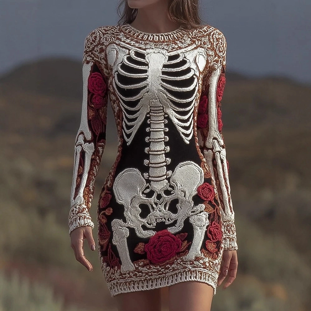 Halloween Street-style 3D Digital-print Skeleton Bodycon Skirt And Sweater Set For Europe And The US