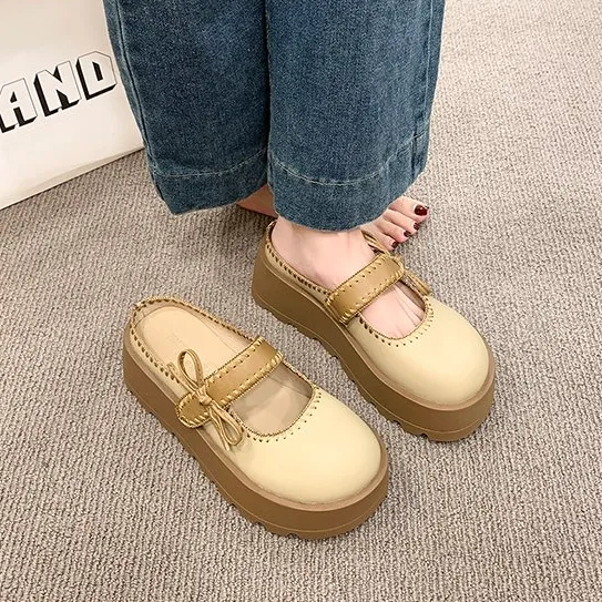 Women's Platform Bow Closed Toe Mule Sandals, Summer Outdoor Wear, 2026 New Fashion Slip-on Lazy French Style Slide Sandals