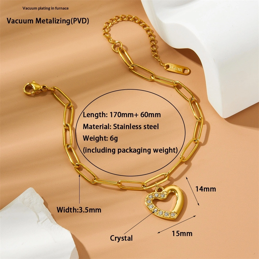 Titanium Steel Non-Fading Diamond-Encrusted Simple Heart-Shaped Bracelet For Women