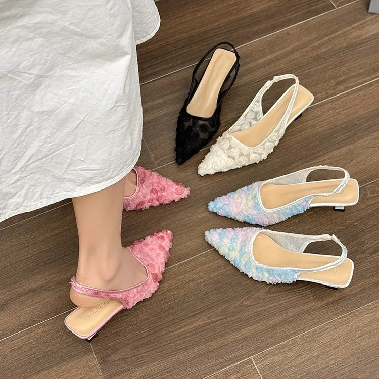 Women's French Style Lace Flower Closed Toe Sandals 2025 Summer New Pointed Toe Backless Slim High Heel Mule Sandals