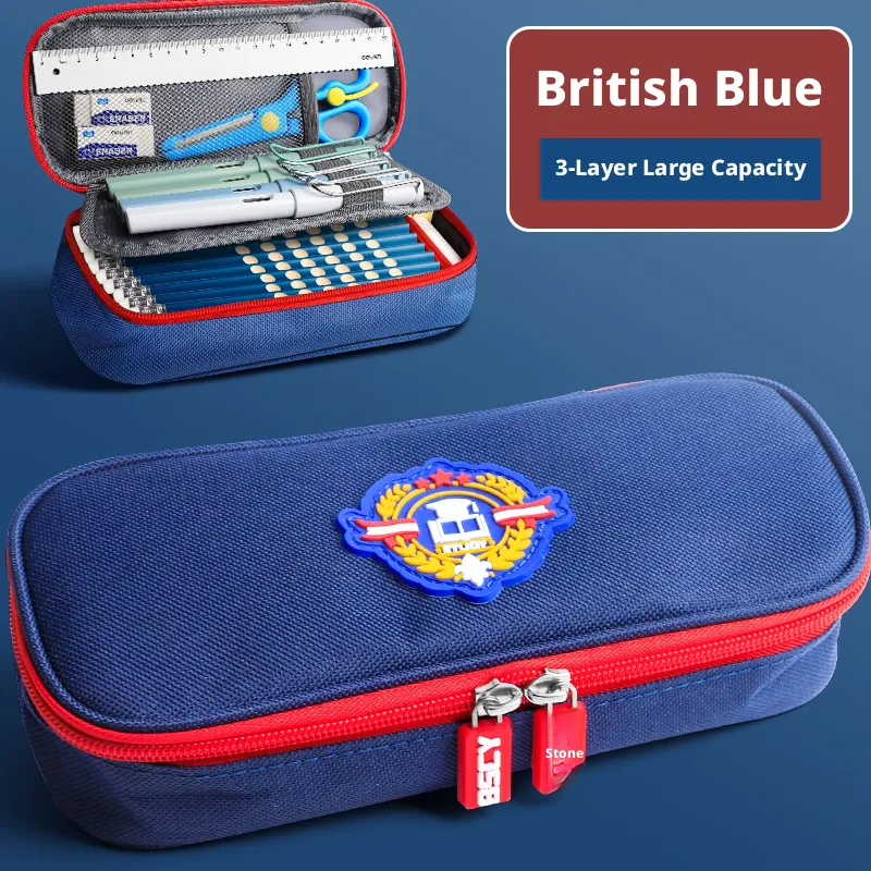 College style pencil case-three-layer-blue and red-Oxford cloth-1 piece