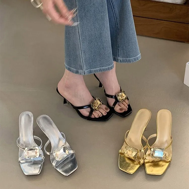 2026 Summer New Korean Style Stiletto Heel Slides For Women, Rhinestone Open Toe High Heel Mules, Dressy Sandals For Ladies