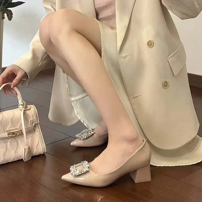 2026 French Elegant Pointed Toe Low Cut Shoes For Women, Rhinestone Square Buckle, Commute Casual Block Heel Pumps