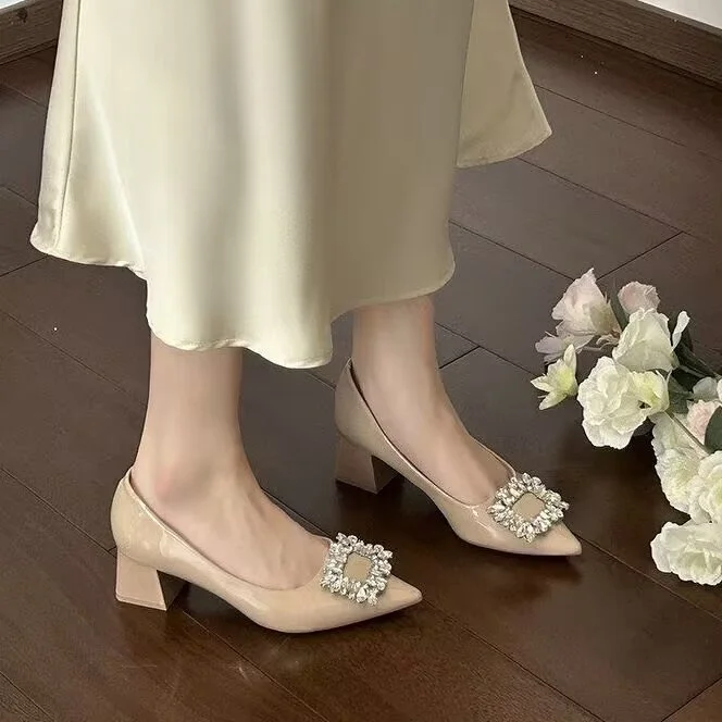 2026 French Elegant Pointed Toe Low Cut Shoes For Women, Rhinestone Square Buckle, Commute Casual Block Heel Pumps